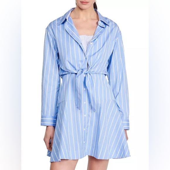 NWOT Sandro Striped Tie-Front Shirt Dress Mini in Blue/White Size 38 FR/6 US - Picture 1 of 16